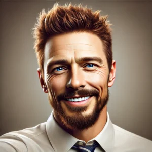 Professional selfie-style portrait of a man with a warm smile, dark blue eyes, a thinner beard with a longer goatee, and messy spiked hair in a mix of ginger, dark brown, and white/gray. Designed by ChatGPT for a mature, approachable look reflecting a vocational counselor and aspiring psychologist.