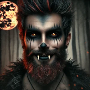 Dark and haunting portrait of a man with piercing orange eyes, thin black eyeliner, spiked hair in a mix of red and dark brown, a scruffy beard, and a long goatee. The character has sharp fangs, subtle face paint resembling a wolf's nose and markings, and is set against a foggy forest background with an orange full moon. Designed by ChatGPT for a supernatural and mysterious look.