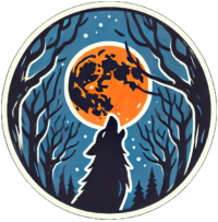 Minimal logo featuring a werewolf howling at an orange glowing moon, surrounded by a dark, eerie forest with gnarled trees, set against a midnight blue background.