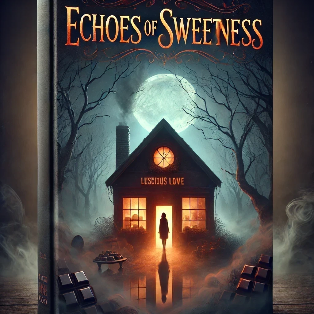 Placeholder book cover for 'Echoes of Sweetness' by Zach Sweets, featuring a misty chocolate shop named 'Luscious Love,' surrounded by dark trees and swirling fog, with a faint orange glow emanating from the shop's window, set against a midnight blue backdrop.